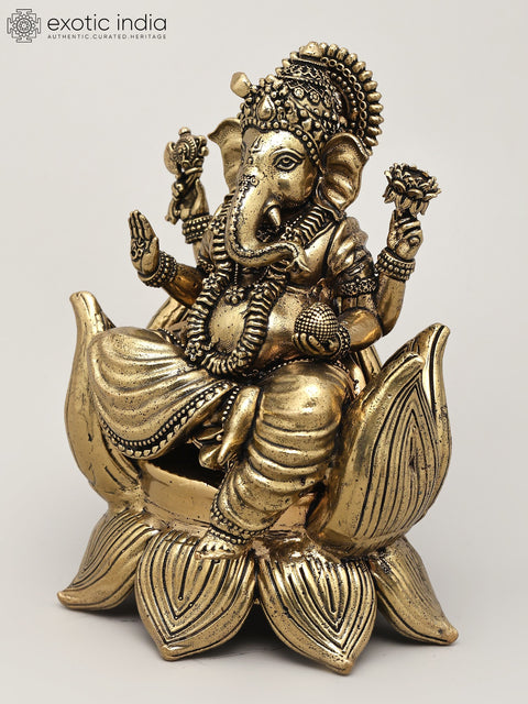 5" Small Superfine Blessing Lord Ganesha Seated on Lotus | Brass Statue