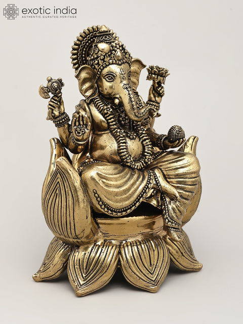 5" Small Superfine Blessing Lord Ganesha Seated on Lotus | Brass Statue