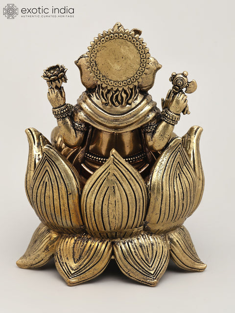 5" Small Superfine Blessing Lord Ganesha Seated on Lotus | Brass Statue