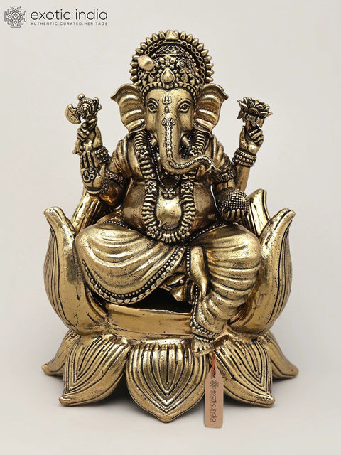 5" Small Superfine Blessing Lord Ganesha Seated on Lotus | Brass Statue