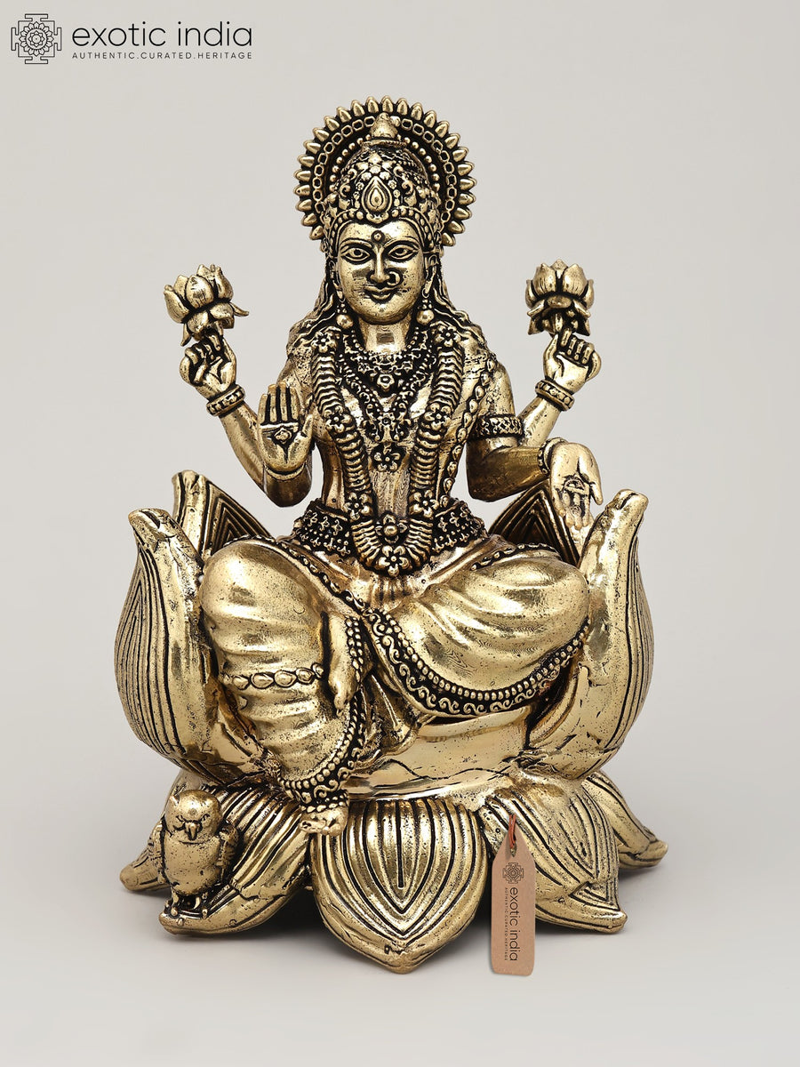 5" Handmade Brass Lakshmi Goddess Seated on Lotus Statue