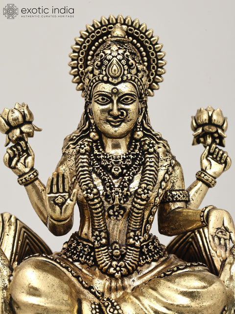 5" Small Superfine Blessing Goddess Lakshmi Seated on Lotus | Brass Statue