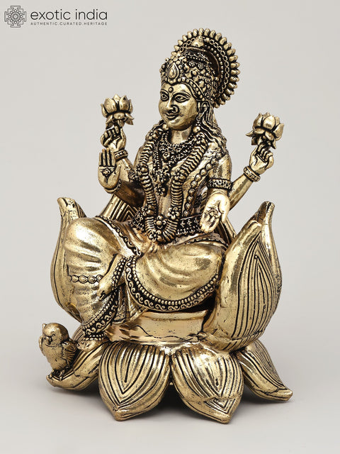 5" Small Superfine Blessing Goddess Lakshmi Seated on Lotus | Brass Statue