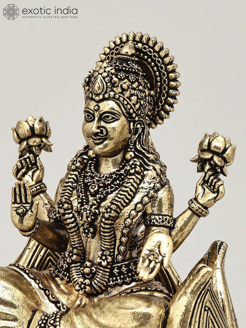 5" Small Superfine Blessing Goddess Lakshmi Seated on Lotus | Brass Statue