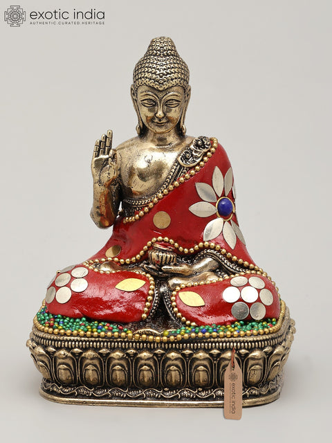 Small Superfine Lord Buddha Seated in Vitark Mudra | Brass Statue with Inlay Work