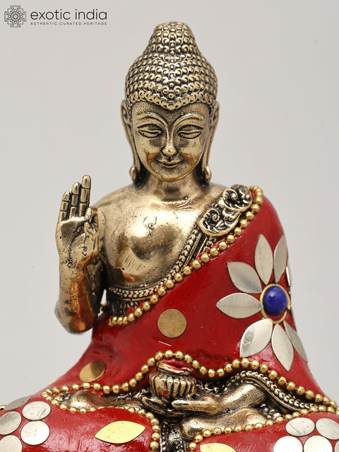 Small Superfine Lord Buddha Seated in Vitark Mudra | Brass Statue with Inlay Work
