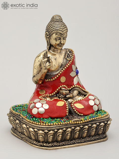 Small Superfine Lord Buddha Seated in Vitark Mudra | Brass Statue with Inlay Work