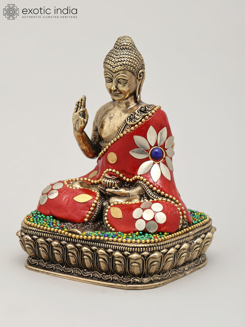 Small Superfine Lord Buddha Seated in Vitark Mudra | Brass Statue with Inlay Work