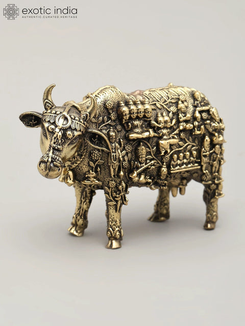 4" Small Superfine Kamadhenu Cow with All Gods and Goddess | Brass Statue