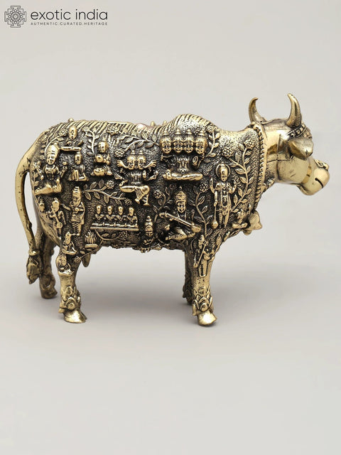 4" Small Superfine Kamadhenu Cow with All Gods and Goddess | Brass Statue