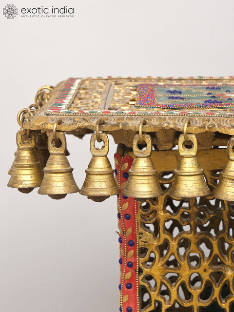 22" Jali Design Pedestal/Chowki with Bells | Brass with Inlay Work