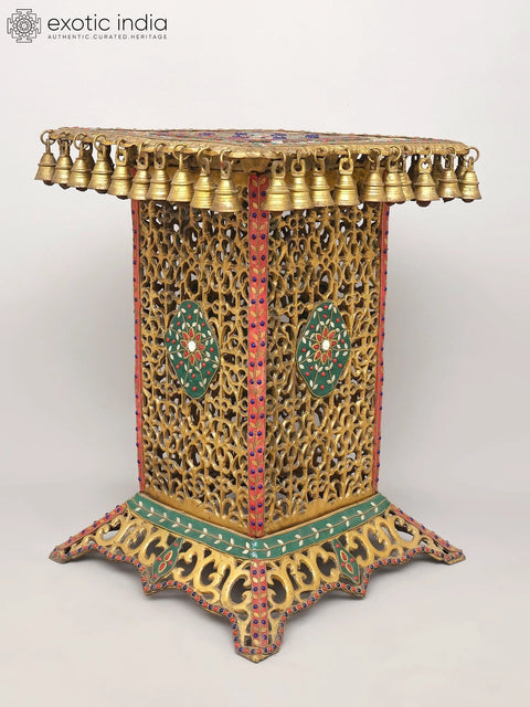22" Jali Design Pedestal/Chowki with Bells | Brass with Inlay Work