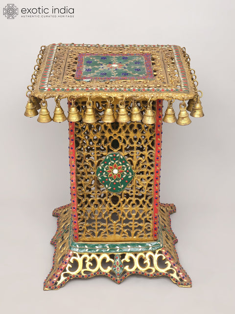 22" Jali Design Pedestal/Chowki with Bells | Brass with Inlay Work