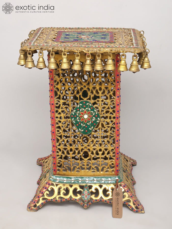 22" Brass Jali Pedestal Chowki with Bells and Inlay Work