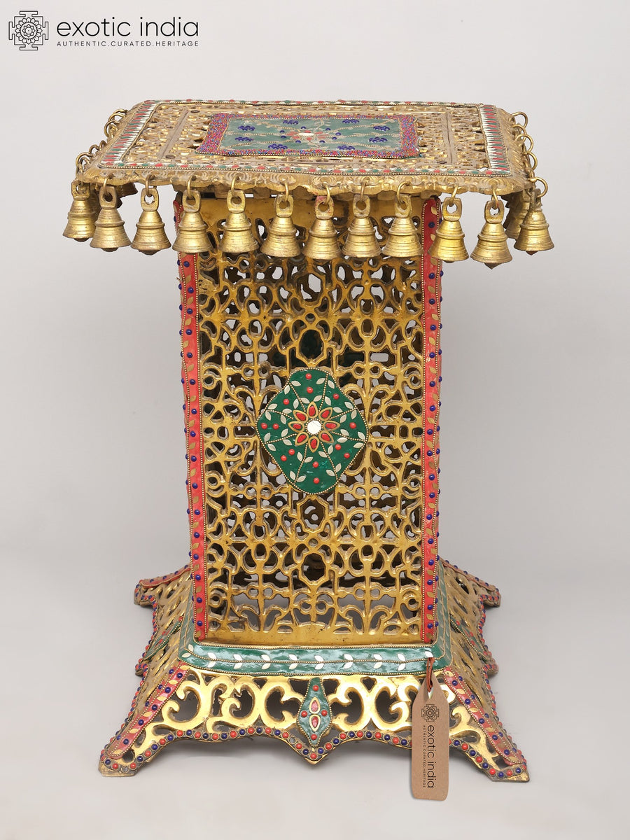 22" Brass Jali Pedestal Chowki with Bells and Inlay Work