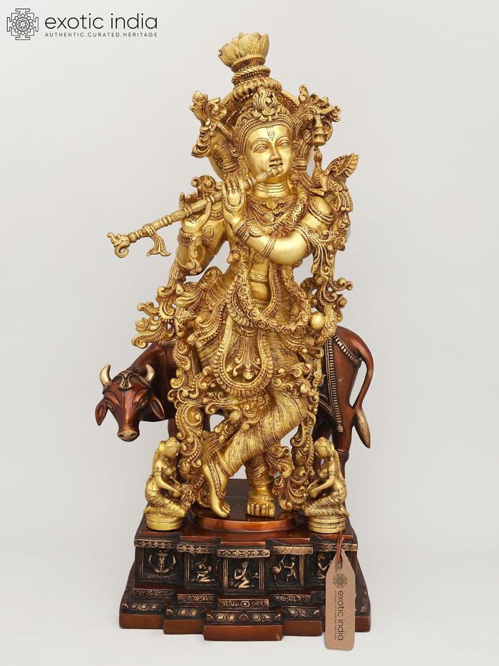 28" Brass Venugopala Idol with Engraved Pedestal Bal Leela Handmade