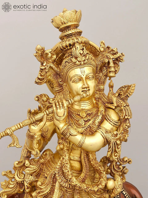 28" Brass Venugopala Idol (Pedestal Engraved with the Bal Leela of Lord Krishna) | Handmade | Made In India
