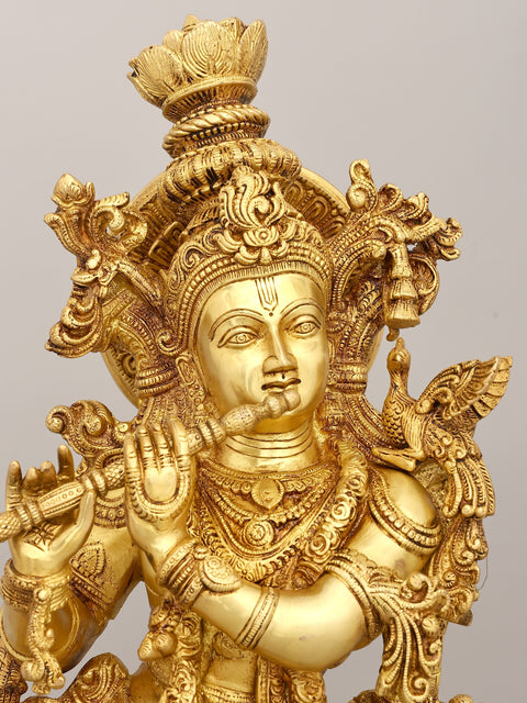 28" Brass Venugopala Idol (Pedestal Engraved with the Bal Leela of Lord Krishna) | Handmade | Made In India