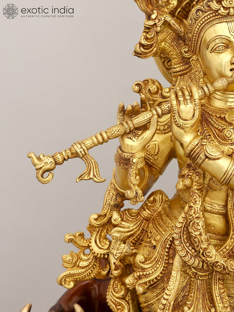 28" Brass Venugopala Idol (Pedestal Engraved with the Bal Leela of Lord Krishna) | Handmade | Made In India