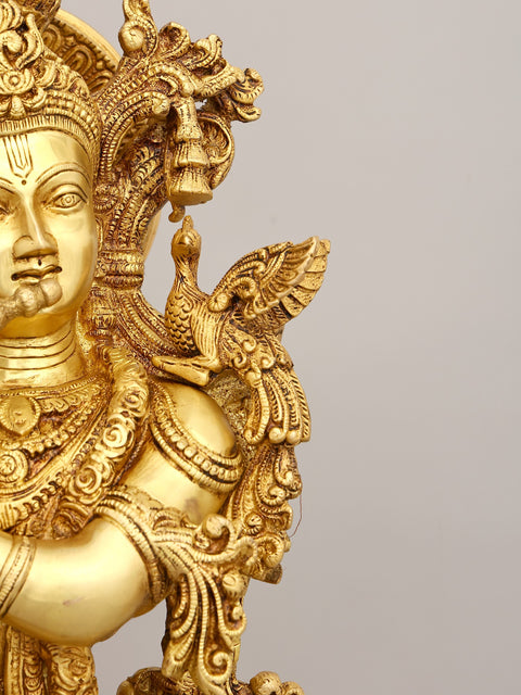 28" Brass Venugopala Idol (Pedestal Engraved with the Bal Leela of Lord Krishna) | Handmade | Made In India