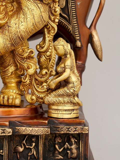 28" Brass Venugopala Idol (Pedestal Engraved with the Bal Leela of Lord Krishna) | Handmade | Made In India