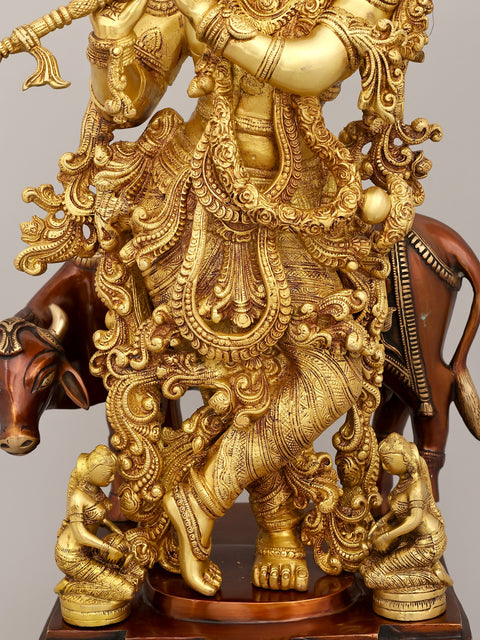 28" Brass Venugopala Idol (Pedestal Engraved with the Bal Leela of Lord Krishna) | Handmade | Made In India
