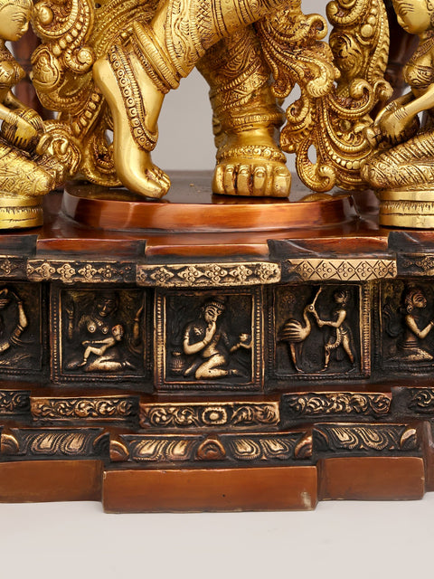 28" Brass Venugopala Idol (Pedestal Engraved with the Bal Leela of Lord Krishna) | Handmade | Made In India