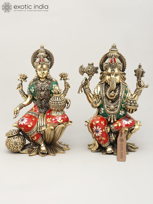10" Brass Lakshmi Ganesha Statue Pair with Inlay Work
