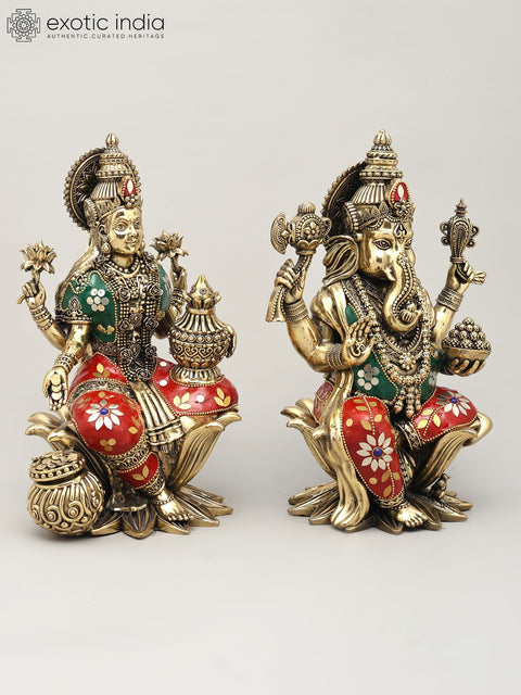 10" Superfine Lakshmi Ganesha Pair | Brass Statue with Inlay Work