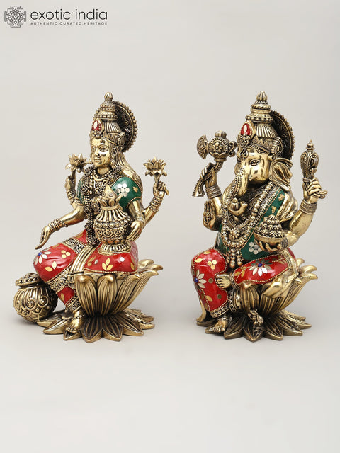 10" Superfine Lakshmi Ganesha Pair | Brass Statue with Inlay Work