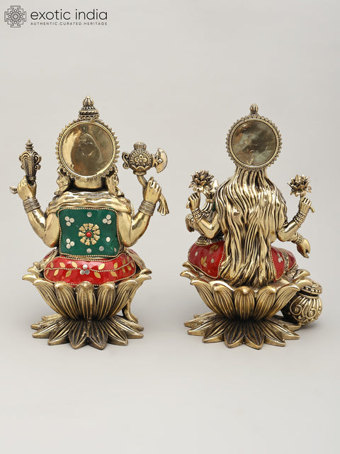 10" Superfine Lakshmi Ganesha Pair | Brass Statue with Inlay Work