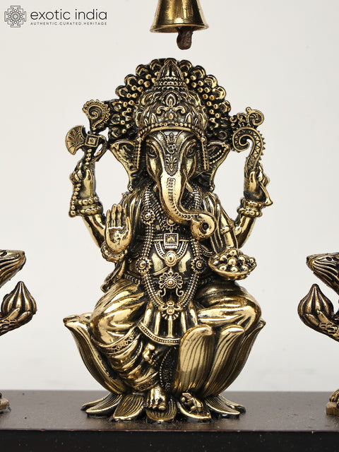 9" Wood Framed Superfine Lord Ganesha with Mushak in Brass | Wall Hanging