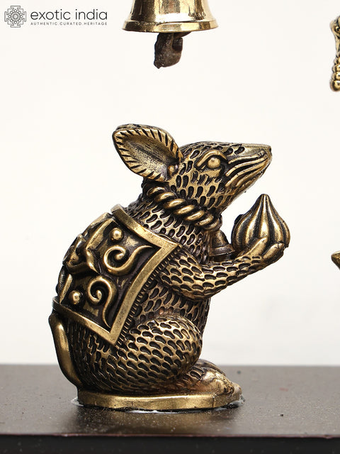 9" Wood Framed Superfine Lord Ganesha with Mushak in Brass | Wall Hanging