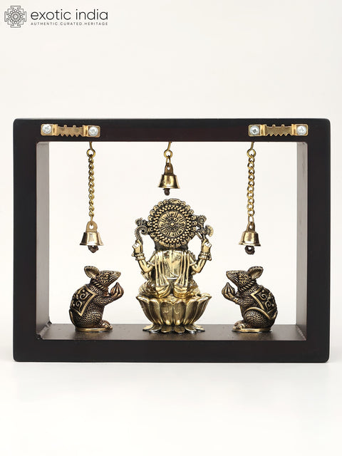 9" Wood Framed Superfine Lord Ganesha with Mushak in Brass | Wall Hanging