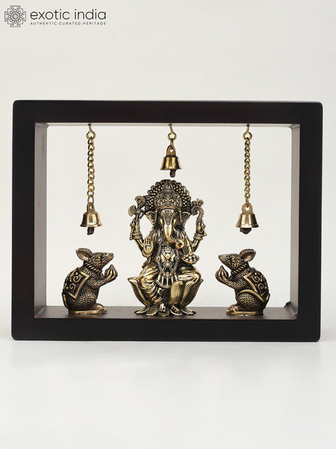 9" Wood Framed Superfine Lord Ganesha with Mushak in Brass | Wall Hanging