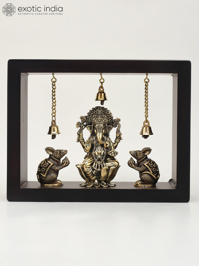9" Brass Lord Ganesha with Mushak Wall Hanging Wood Frame