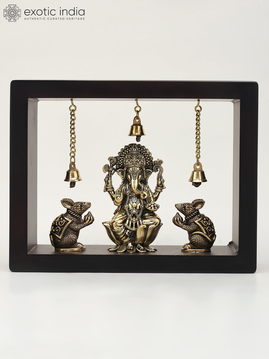 9" Brass Lord Ganesha with Mushak Wall Hanging Wood Frame