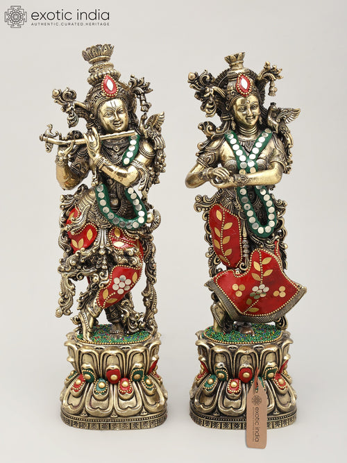 11" Handmade Standing Radha Krishna Brass Statue Pair with Inlay Work