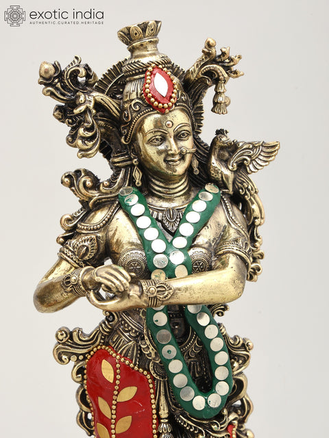 11" Superfine Standing Radha Krishna Pair | Brass Statues with Inlay Work