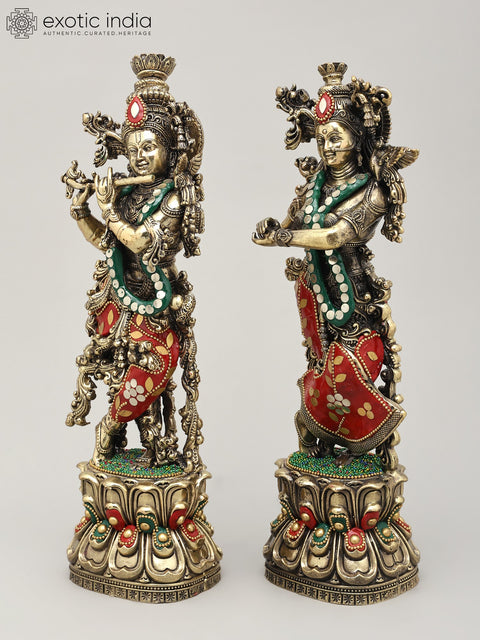 11" Superfine Standing Radha Krishna Pair | Brass Statues with Inlay Work