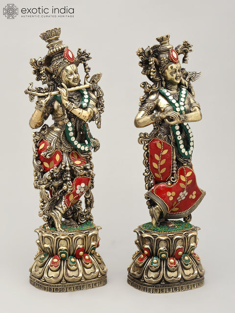 11" Superfine Standing Radha Krishna Pair | Brass Statues with Inlay Work