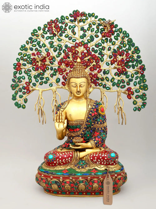 22" Seated Buddha Under Bodhi Tree Brass Statue with Inlay Work