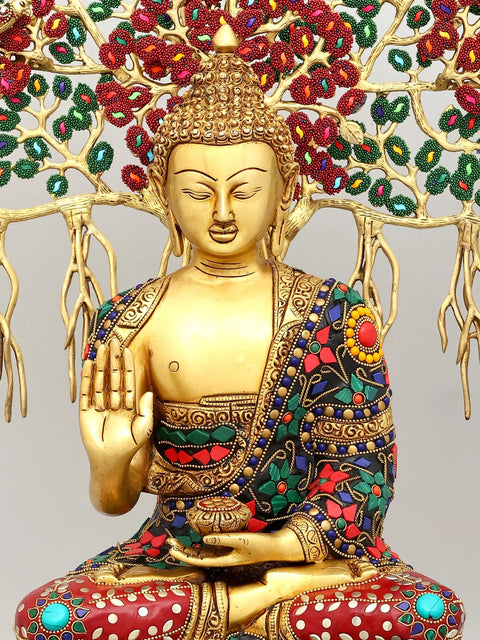 22" Blessing Lord Buddha Seated Under The Bodhi Tree | Brass Statue with Inlay Work