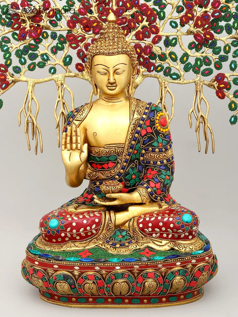22" Blessing Lord Buddha Seated Under The Bodhi Tree | Brass Statue with Inlay Work