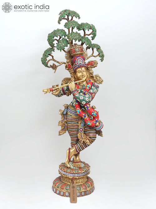 58" Large Tribhanga Krishna with Kadamba Tree Brass Statue with Inlay Work