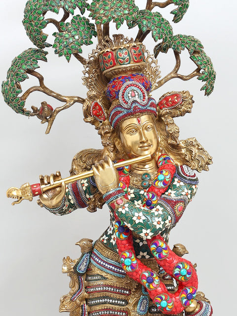58" Large Tribhanga Murari Krishna with The Kadamba Tree Behind Him | Brass Statue with Inlay Work