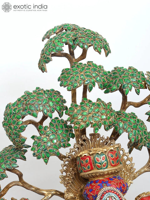 58" Large Tribhanga Murari Krishna with The Kadamba Tree Behind Him | Brass Statue with Inlay Work