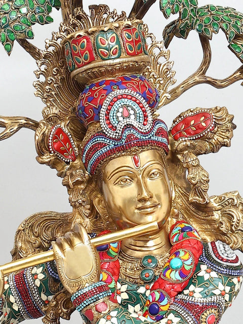 58" Large Tribhanga Murari Krishna with The Kadamba Tree Behind Him | Brass Statue with Inlay Work