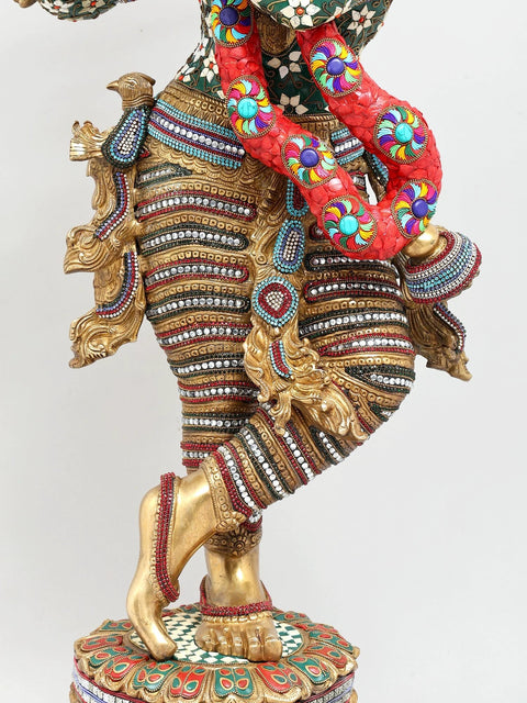 58" Large Tribhanga Murari Krishna with The Kadamba Tree Behind Him | Brass Statue with Inlay Work