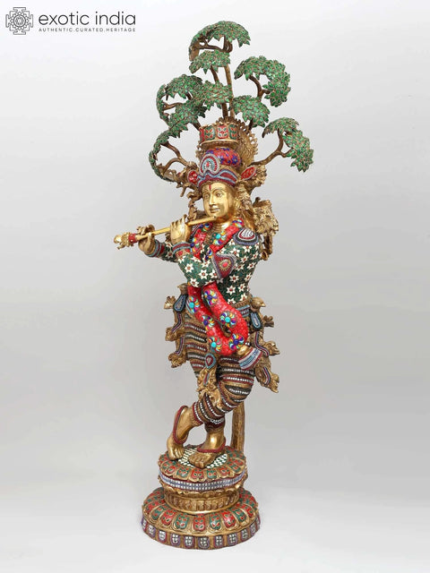 58" Large Tribhanga Murari Krishna with The Kadamba Tree Behind Him | Brass Statue with Inlay Work